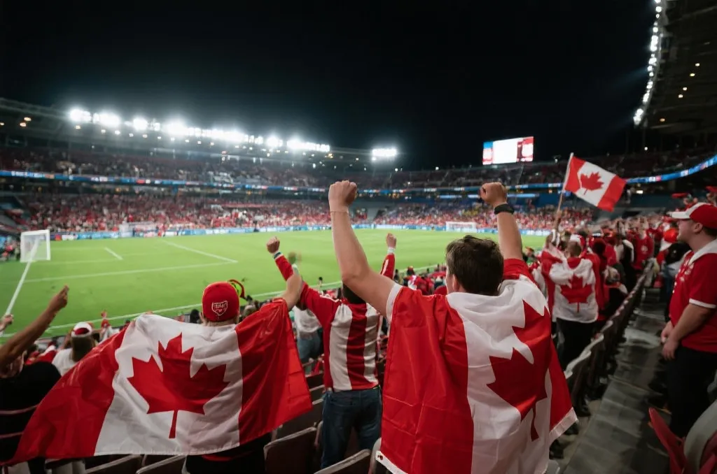 加拿大球迷在看台上挥舞旗帜等待世界杯开赛